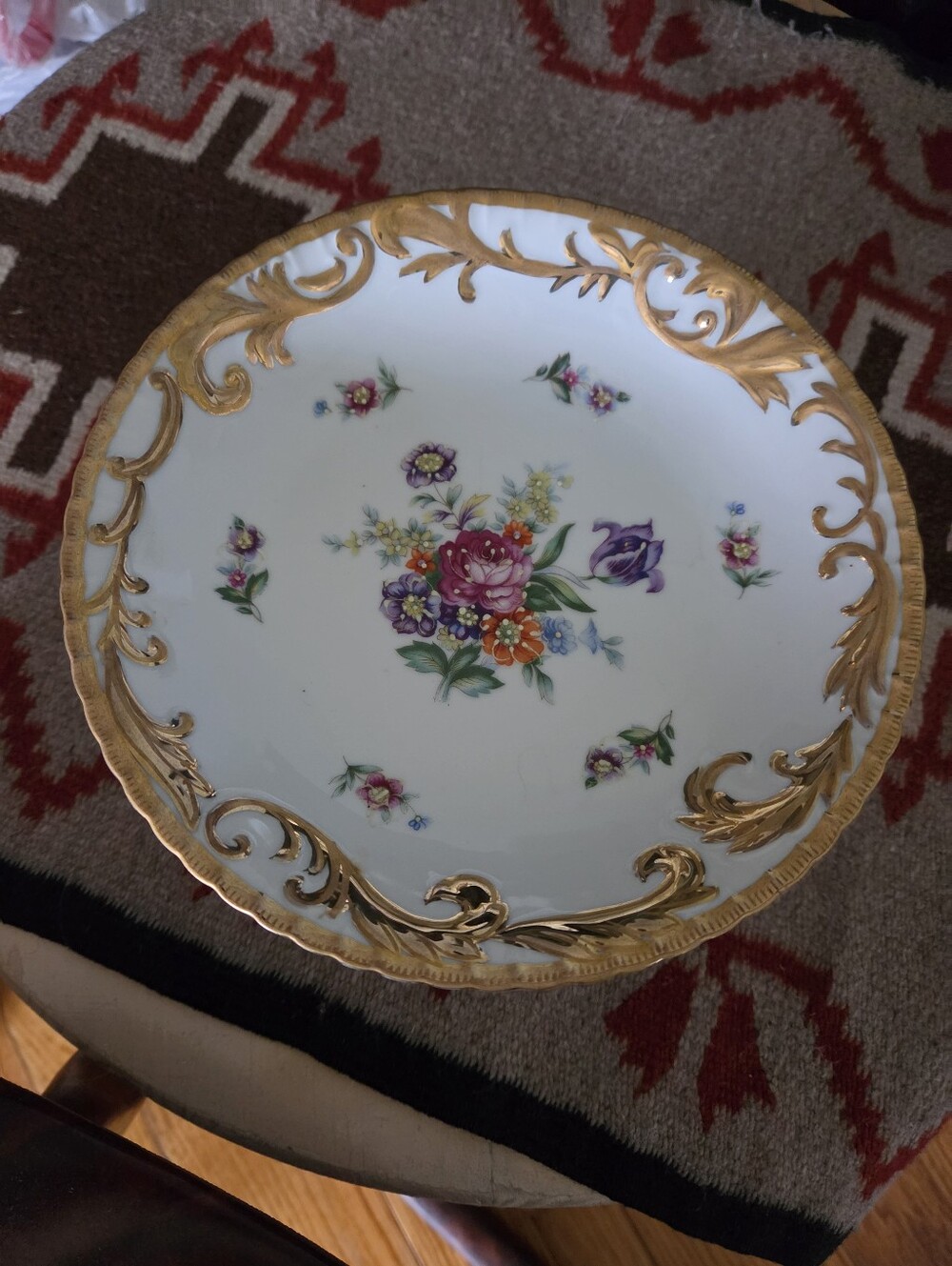 Vintage Porcelain Hand Painted Gold Floral Cake Stand Pedestal